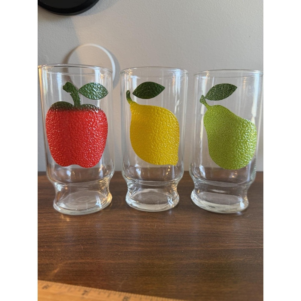 Vintage Textured Fruit Drinking Glasses 3 Tumblers Apple Lemon Pear 12 ounce